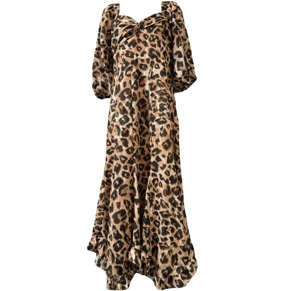 Anthropologie Hutch Printed Twist-Front Puff-Sleeve Ruffle-Hem Dress Medium